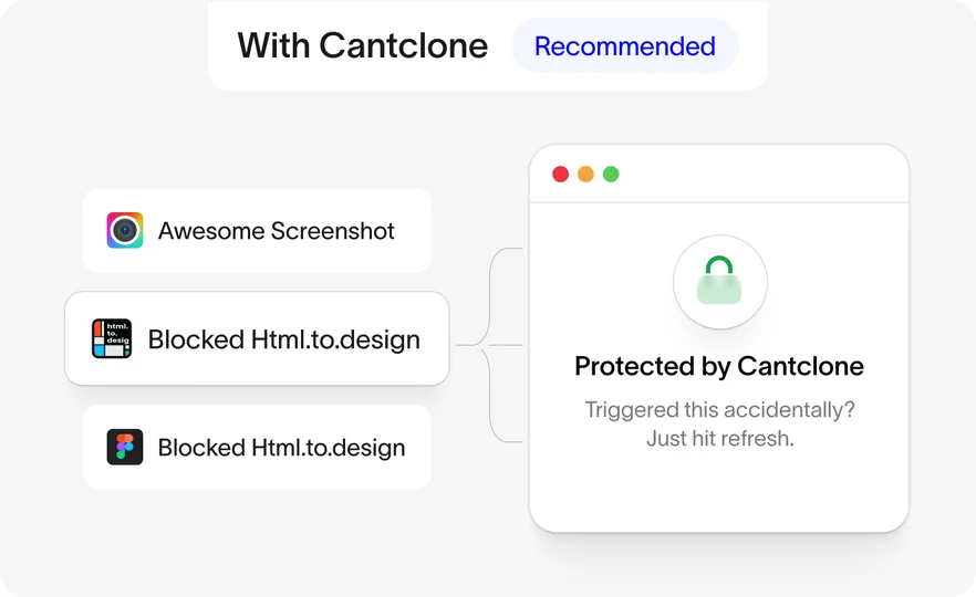 With Cantclone: the import is blocked and a Protected by Cantclone screen is shown