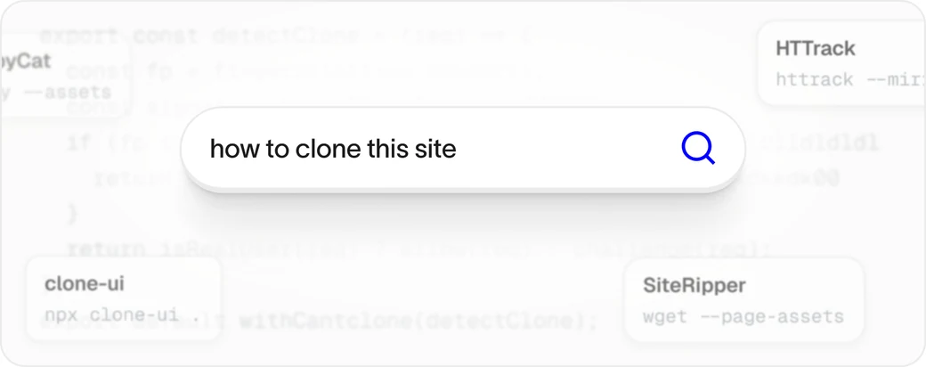 Clone tools such as HTTrack, SiteRipper and clone-ui shown around a search for how to clone this site