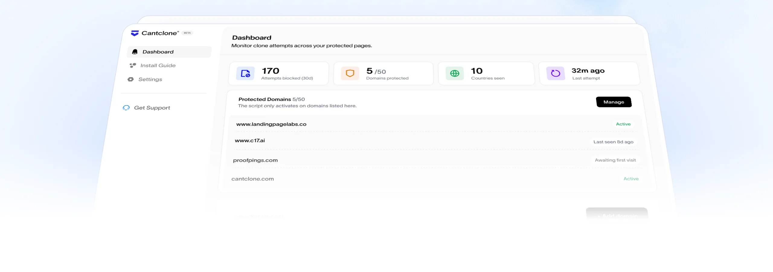 The Cantclone dashboard shown in perspective