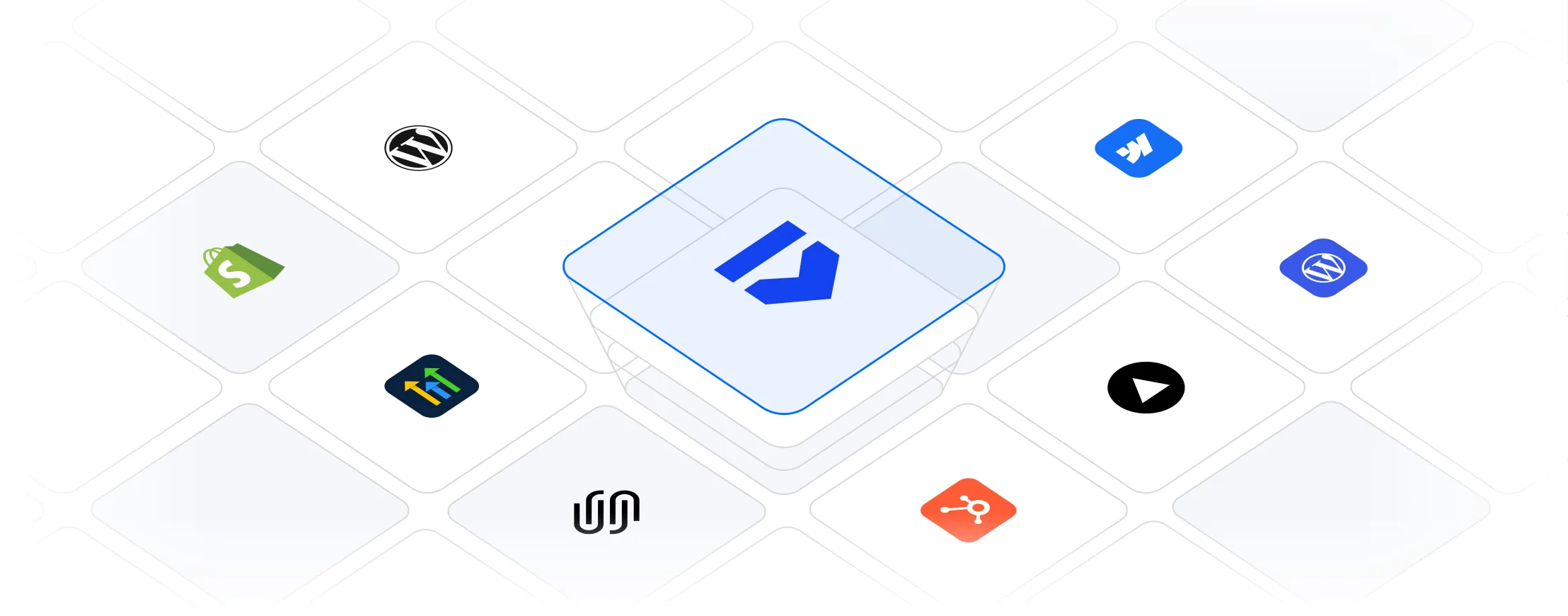 Cantclone sitting at the centre of an isometric grid of Webflow, WordPress, Shopify, Wix, Squarespace, HubSpot and ClickFunnels tiles